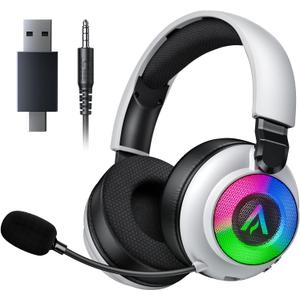 Wireless Gaming Headset for Ps5 Ps4-2.4GHz, 7.1 Surround Sound, Noise Cancelling Mic, RGB Lights, 40H+ Battery, Lossless Audio, Comfy Over Ear Headphones for PC, Switch, Xbox, Laptop, Mac, Mobile (White)
