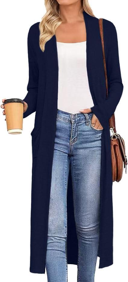 AYIFU Womens Maxi Cardigan Lightweight Long Sleeve Open Front Casual Cardigans Duster with Pockets (Large, Navy Blue)