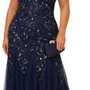 Adrianna Papell Women's Bead Long Dress with Godets, Light Navy, 14W (Blue)