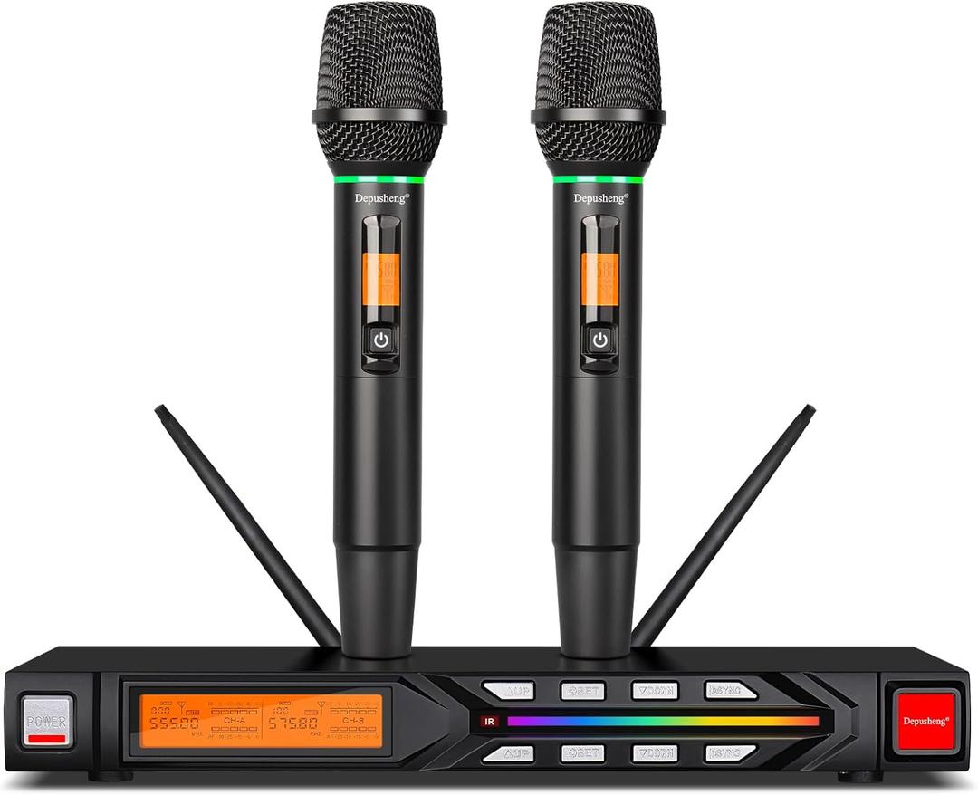 Depusheng R7 Wireless Microphone Set with Two Wireless Dynamic Handheld Microphones Receiving Range of 80 Meters Suitable for Karaoke Concert Stage
