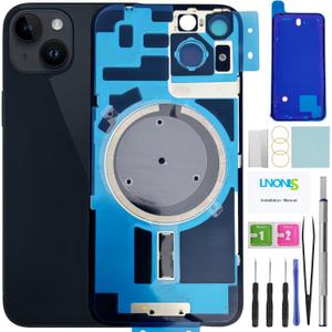 14 Back Glass Replacement for iPhone 14 Rear Back Cover Glass with Waterproof Frame and Camera Lens+Professional Repair Tool Kit (Midnight)