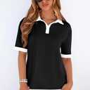 PRETTYGARDEN Summer Short Sleeve Polo Shirts for Women Collared V Neck Work Dressy Tops Knit Loose Business Casual Outfits (Black, S)