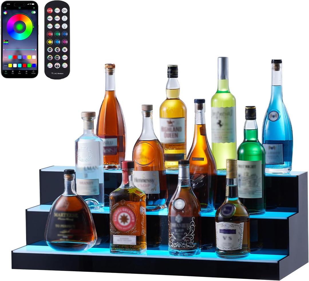 VEVOR LED Lighted Liquor Bottle Display, 3 Tiers 30 Inches, Supports USB, Illuminated Home Bar Shelf with RF Remote & App Control 7 Static Colors 1-4 H Timing, Acrylic Lighted Shelf for 24 Bottles