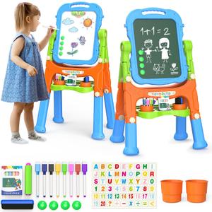 YOHOOLYO Kids Easel Standing Art Easel for Kids, Double Sided Children Pink Purple Easel Magnetic Chalkboard Whiteboard Dry Eraser Board Great Gift for Girls (Blue)