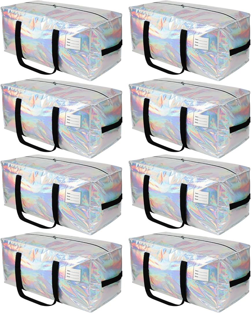 8 Pack Extra Heavy Duty Large Moving Bags with Comfortable Handle & Strong Zipper,Storage Totes for Space Saving Moving Storage College Supplies Alternative to Moving Box,Iridescent