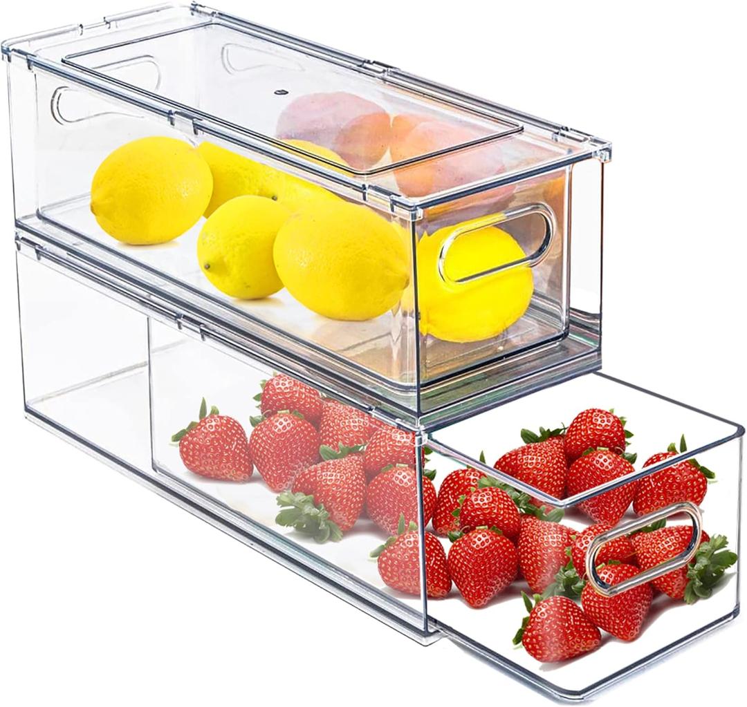 2 Pack Fridge Organizers and Storage with Pull out Drawer, Stackable Storage Drawer, Clear Refrigerator Organizers and Storage, BPA-Free for Kitchen Cabinet Pantry,13.4x 4.96 x 4.3 inch