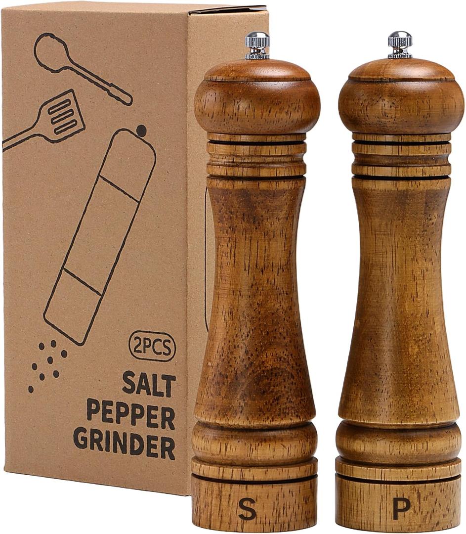 Wooden Salt and Pepper Grinder Set, Premium Oak Wood Salt Grinders Shakers, Pepper Mill with S and P Engraving, Adjustable Ceramic Grinder  8 inches, 2 Pack