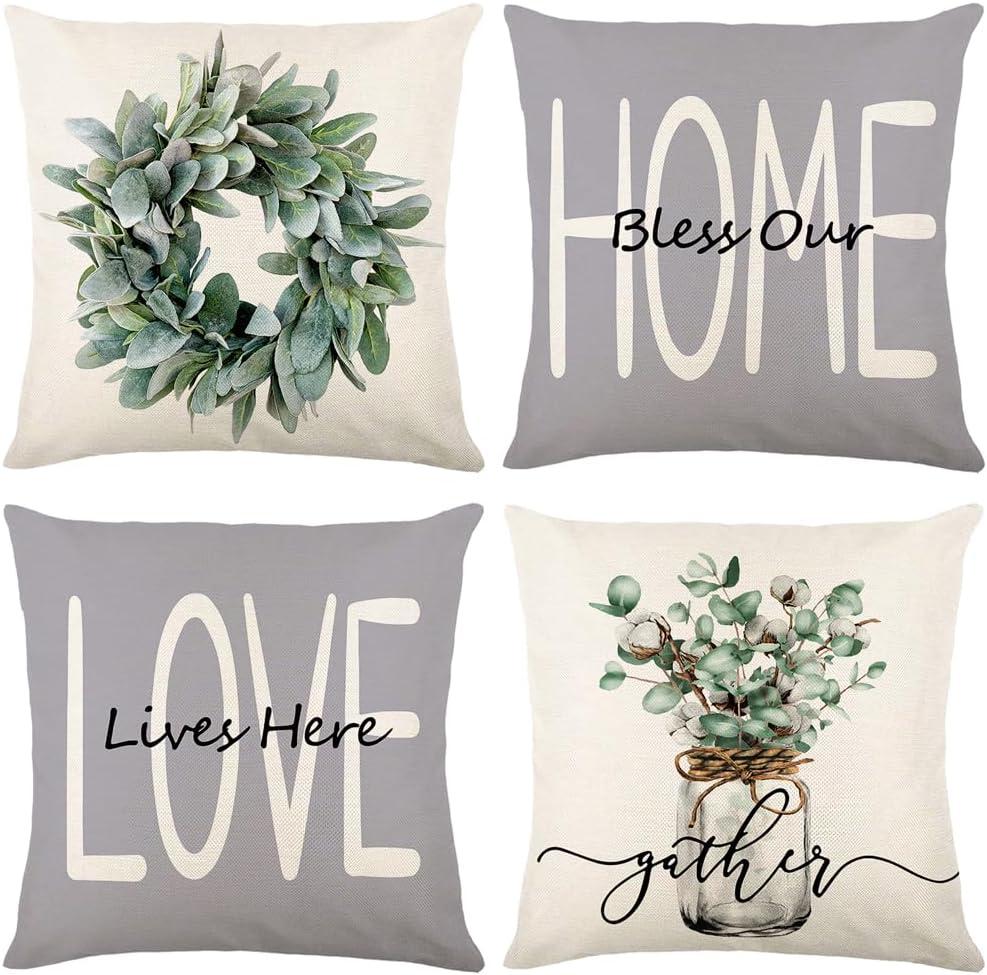 wyooxoo Throw Pillow Covers 18x18 Set of 4 Farmhouse Pillow Covers Grey Cushion Cases Decorative Pillowcases for Sofa Couch Living Room Outdoor Home Decor