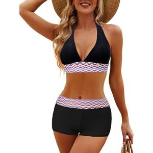 Century Star Two Piece Swimsuit with Boy Shorts Swimming Suits for Women Bikini Set V Neck Bathing Suit Swimwear, M
