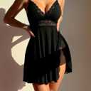 BemorRun Sexy Night Gowns for Woman Sexy Sleepwear Lace Chemise V-Neck Babydoll Lingerie Slip Nightie with Side Slits (Black, XL)