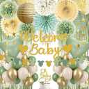 Sage Green Baby Shower Decorations - Gender Neutral Baby Shower Decor Set with Welcome Baby Banner, Tissue Pom Poms, Paper Lanterns, Flower Fans, Balloons, "Oh Baby" Cake Topper & Star Garland