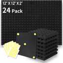 Focusound 24 Packs Acoustic Foam Panels Pyramid 2" X 12" X 12", Soundproofing Foam Noise Cancelling Foam with 120 PCS Double-Side adhesive