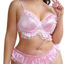 OYOANGLE Women's Plus Size 2 Piece Satin Lingerie Set Ruffle Underwire Bra and Frilly Panties Sets 3xl