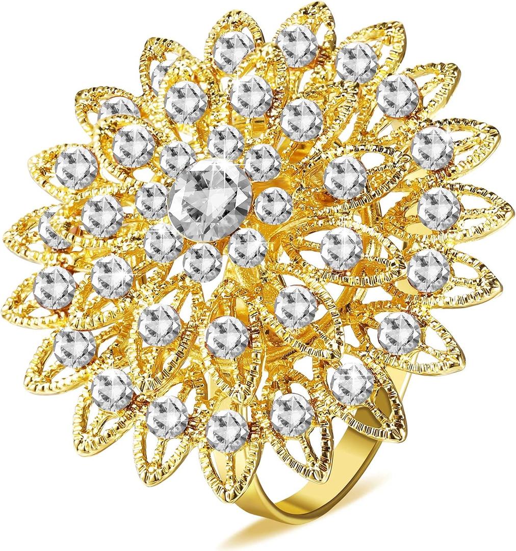 Geiserailie 12 Pcs Gold Flower Napkin Rings Alloy Floral Crystal Rhinestone Bling Holiday Shiny Napkins Ring Holders for Wedding Bridal Valentine's Day Birthday Dinner Party Table Home Decoration