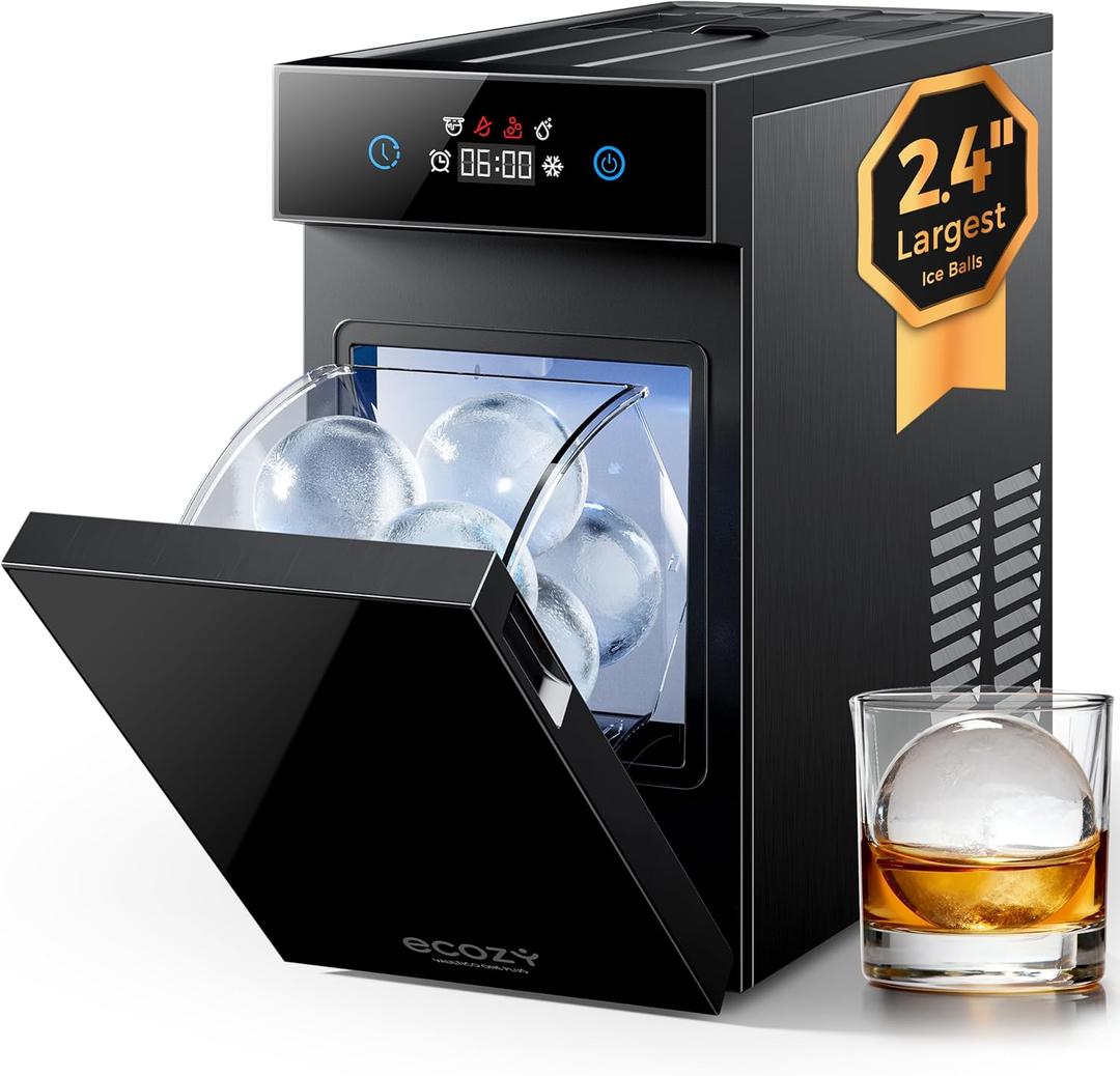 Ecozy 2.4" Clear Ice Ball Maker Countertop with CrystalFlux Technology, Minimal Footprint Sphere Ice Maker with 8H Timer, 1 pcs in 40 Mins, 32 pcs/Day, Self-Cleaning for Home Bar Whiskey & Bourbon