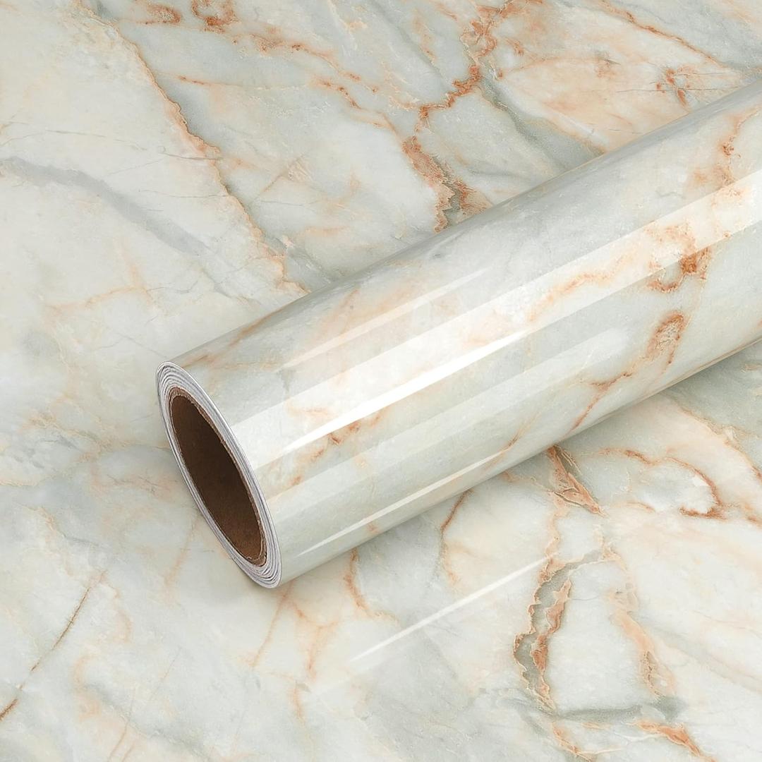 VEELIKE Glossy Blue Gold Marble Contact Paper Peel and Stick Countertops Waterproof Countertop Contact Paper 15.7''x354'' Self Adhesive Blue Marble Wallpaper for Kitchen Bathroom Vinyl Counter Top