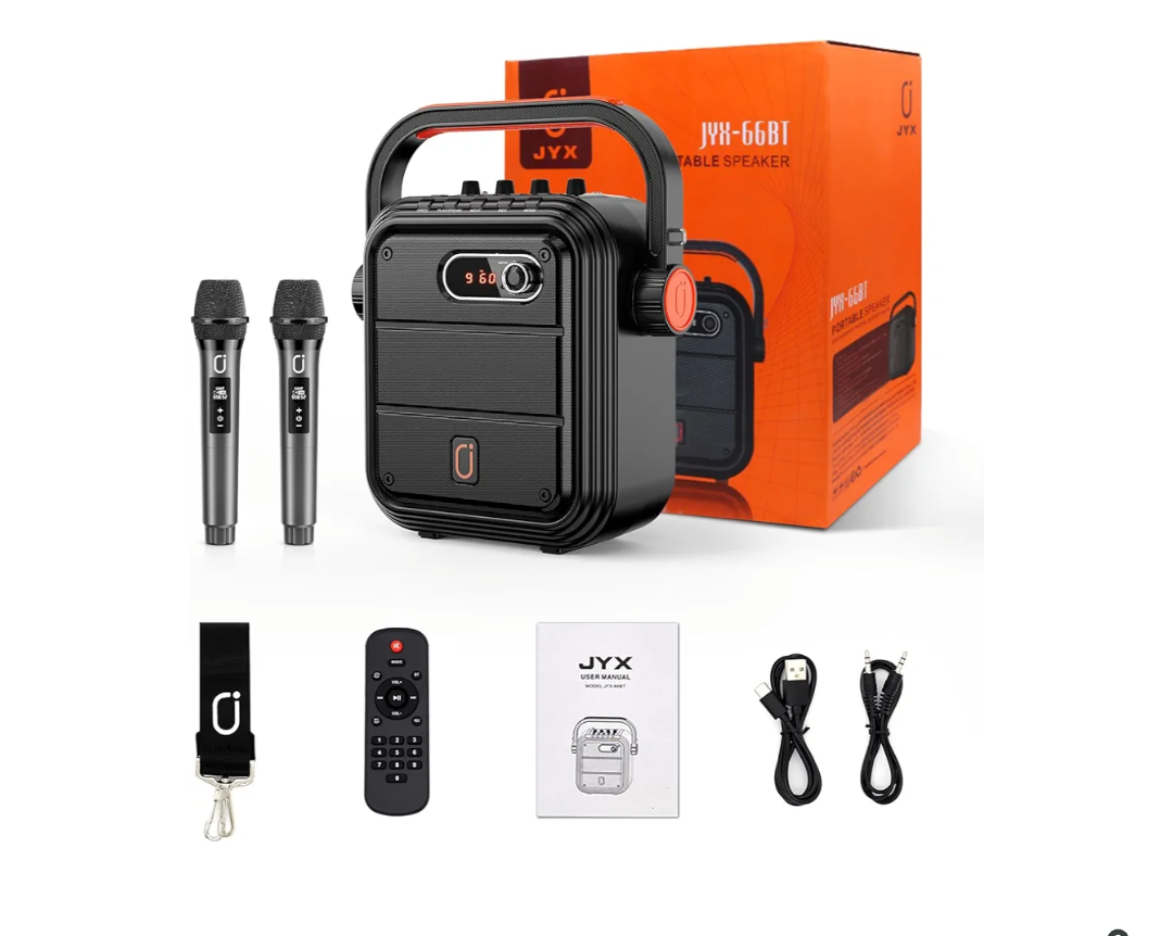 JYX Karaoke Machine with 2 Wireless Microphones, 5200mAh Portable Speaker Set Bluetooth 5.0 Rechargeable PA System with TWS,FM, REC,Stage Subwoofer Supports BT/USB/TF Card/Aux for Party
