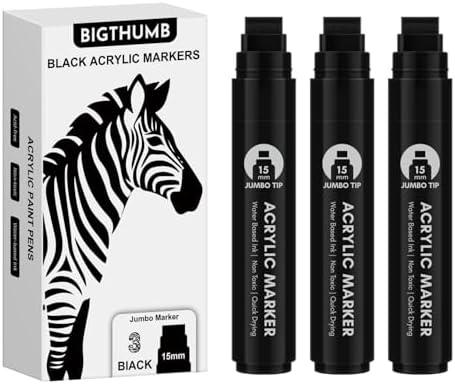 BIGTHUMB 3 Pcs Black Jumbo Permanent Markers: 15mm Wide Tip Thick Acrylic Paint Pen Large Calligraphy Marker for Rock Painting, Poster, Sign, Canvas, Glass, Wood, Ceramic