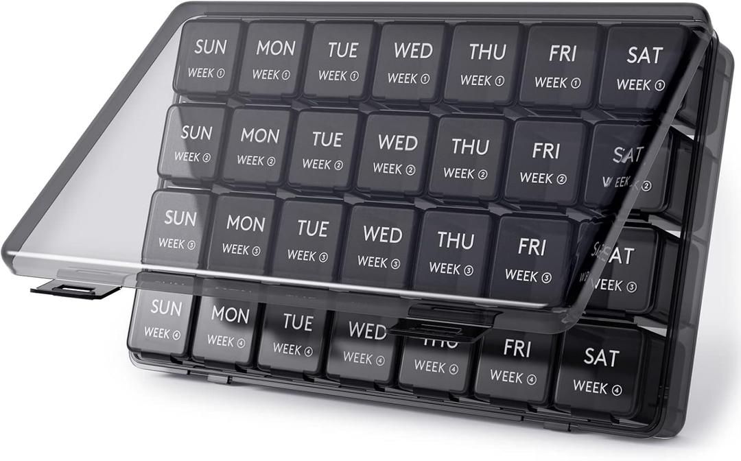 Lifewit Monthly Pill Organizer, 28 Day Pill Box, 4 Weeks One Month Vitamin Cases, Large Compartments Medicine Organizer for Fish Oils, Supplements, 28 Grids, Black