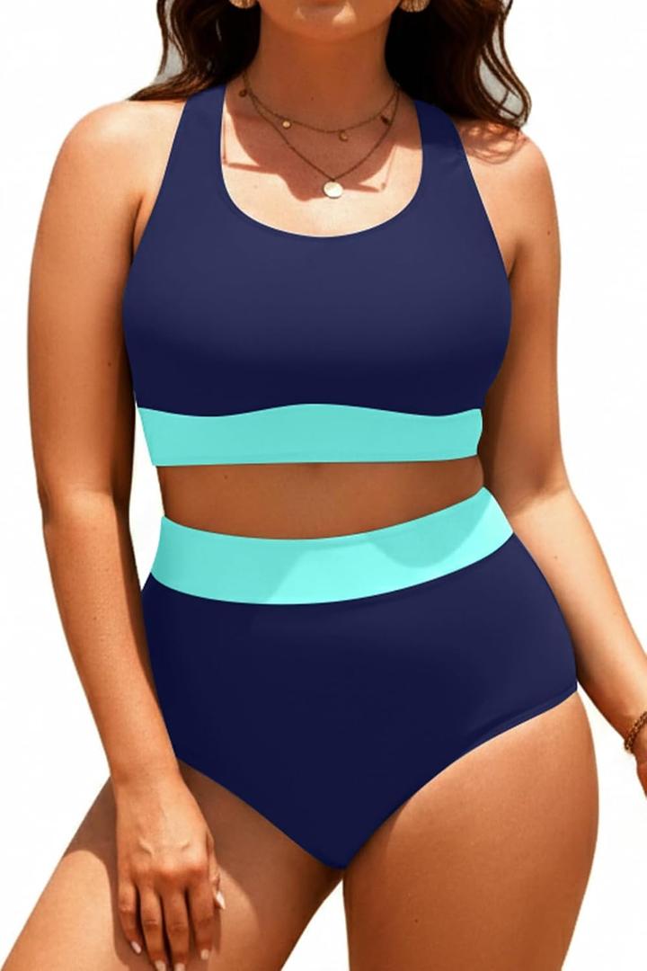 Plus Size Colorblock Two Piece High Waisted Bikini Set Scoop Neck Swimsuit, 16W