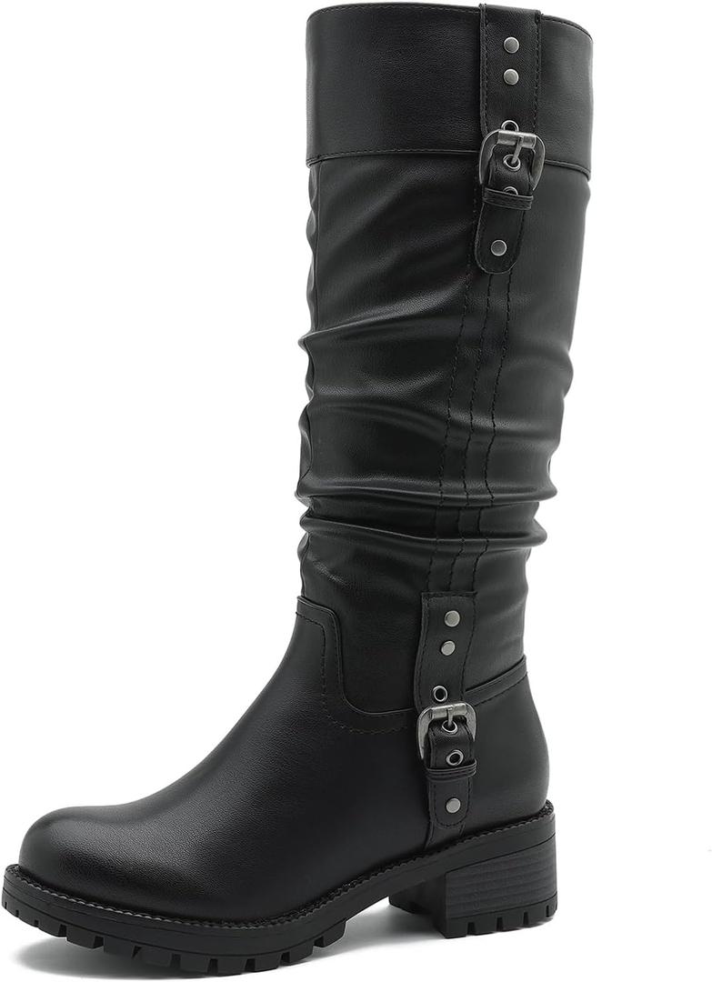 GLOBALWIN Women's Black Knee-High Boots: Fashion Dressy Riding Boots - Chunky Low Heel, Slouchy Design, Buckle Detail, All-Season, Comfortable 2-Inch Heels (8)