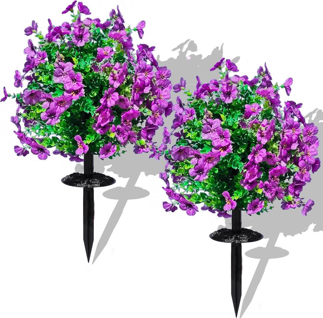 2 Pcs Artificial Boxwood Topiary Ball Trees - Purple 23" with Ground Spike, Weather Proof UV Resistant Faux Greenery Shrubs Bushes for Porch, Garden, Front Yard Decor, Indoor/Outdoor Planters