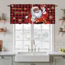 Red Plaid Santa Christmas Kitchen Curtain 2 Panels Tiers Curtains 24 Inch Length, Gifts Xmas Snowflake Winter Black Curtains Rod Pocket Window Treatment Drapes Window Cafe Curtain 