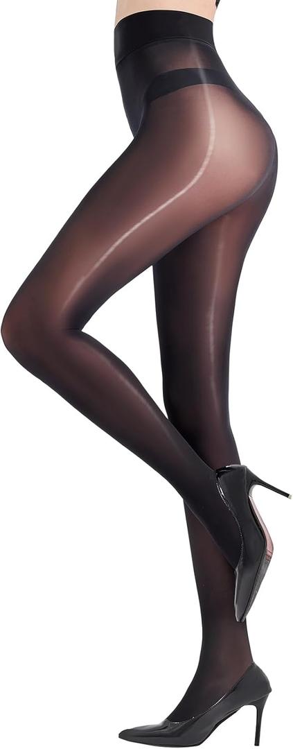 Shiny Pantyhose for Women Shimmer Sheer Tights Silk Oil High Waist Stockings (Large-X-Large, Black)