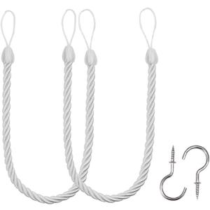 BEL AVENIR Curtain Ropes Tiebacks Tie-Backs, Curtain Handmade Holdbacks with 2 Metal Screw Hooks - White 2 Pack
