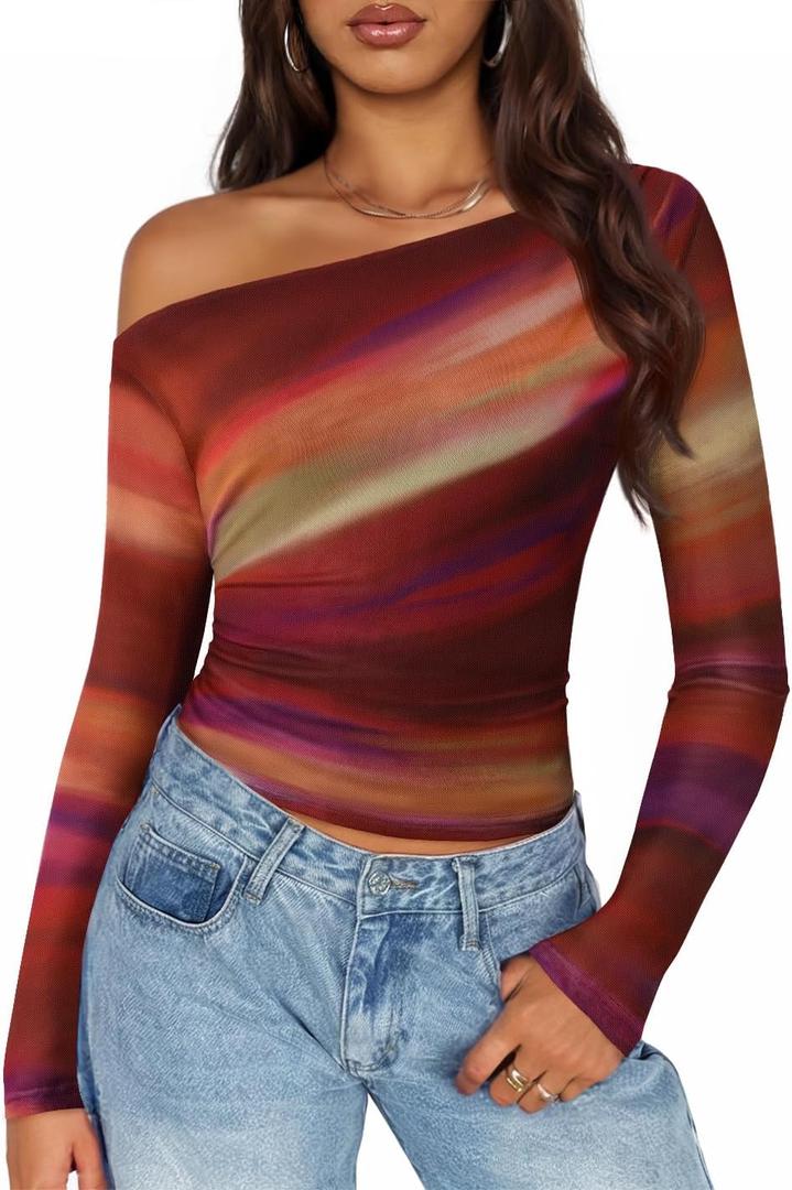 ZESICA Women's Floral Off Shoulder Long Sleeve Tops 2026 Spring Mesh Ruched Fitted Trendy Going Out Shirts Blouses, size S
