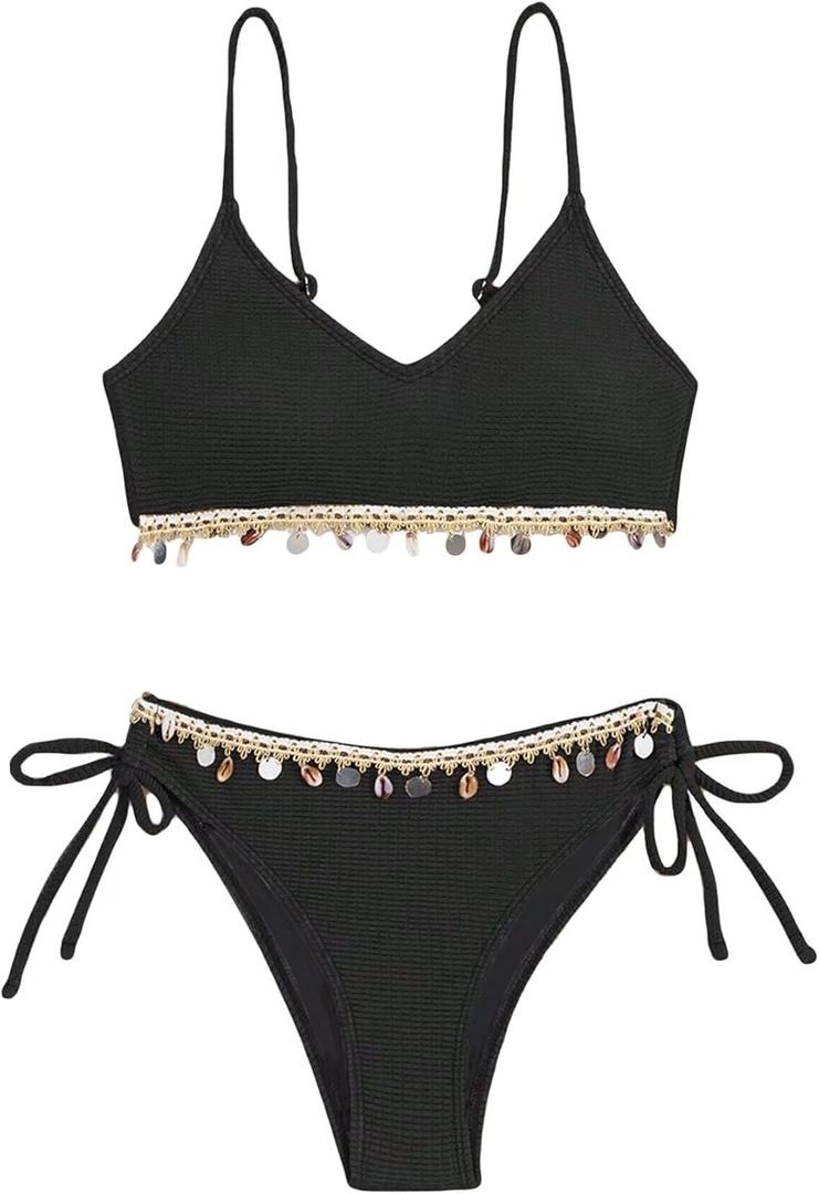 Women's Shiny V Neck Bathing Suit Triangle Summer Swimsuit Bikini Set 2 Piece (Medium, Black)
