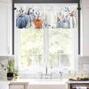 Fall Blue and White Pumpkins Flower Valance Curtains for Kitchen Window 54x18 Inch,Thanksgiving Orange Pumpkin Rod Pocket Small Curtain for Living Room Watercolor Floral Valances for Bathroom/Bedroom