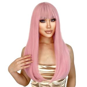 ENTRANCED STYLES Pink Wig for Women Long Straight Wigs with Bangs Light Pink Wigs for Hallween Cosplay Pastel Hair for Grils Charming Synthetic Colorful Cosplay Hairs for Party Daily Wear 22Inch