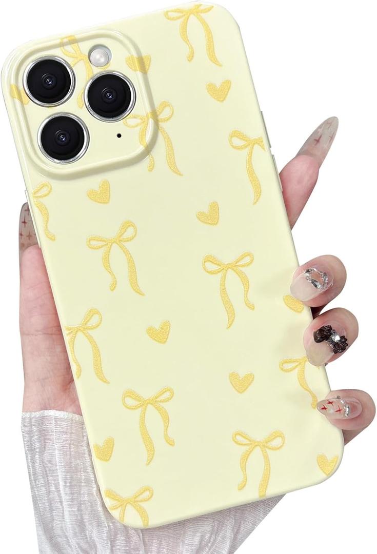 Case for iPhone 11 Pro Max, Cute Ribbon Bow Love Heart Pattern Aesthetic Gloss Phone Case, Raised Lens Edge Protection, Stylish Slim Soft TPU Protective Cover for iPhone 11 Pro Max, Yellow