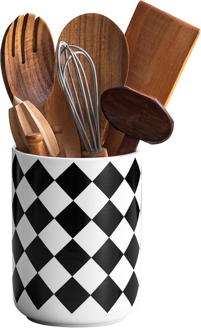 Kitchen Utensil Holder for Countertop 6.4" Ceramic Utensil Holder Deep and StableKitchen Utensil OrganizerModern Checkered Utensil Holder for Decor