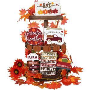 Jetec 12 Pcs Thanksgiving Tiered Tray Decor Pumpkin Maple Leaf Table Centerpieces Decorations Farmhouse Truck Wooden Sign Decor for Autumn Harvest Home Kitchen Supplies