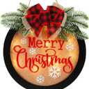 HOMCDALY Merry Christmas Welcome Sign for Front Door, Winter Merry Christmas Wreath with Light, Farmhouse Door Decoration Wooden Hanging Sign, Winter Home Decoration (F-Xmas-Black)