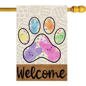 Welcome Easter Dog Paw Colorful Dots Cute Bunny Eggs Spring House Flag Large Burlap 28X40 Inch Vertical Double Sided Outside Yard Holiday Outdoor Farmhouse Decoration