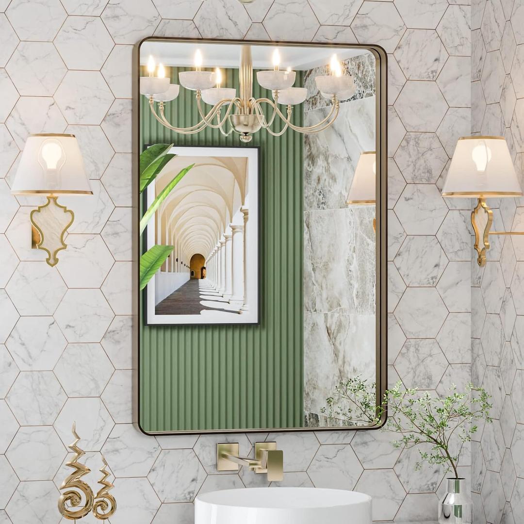 LOAAO 24X32 Bronze Bathroom Mirrors for Vanity, Rounded Rectangle Brushed Bronze Metal Frame Mirror, Anti-Rust, Hangs Horizontally or Vertically