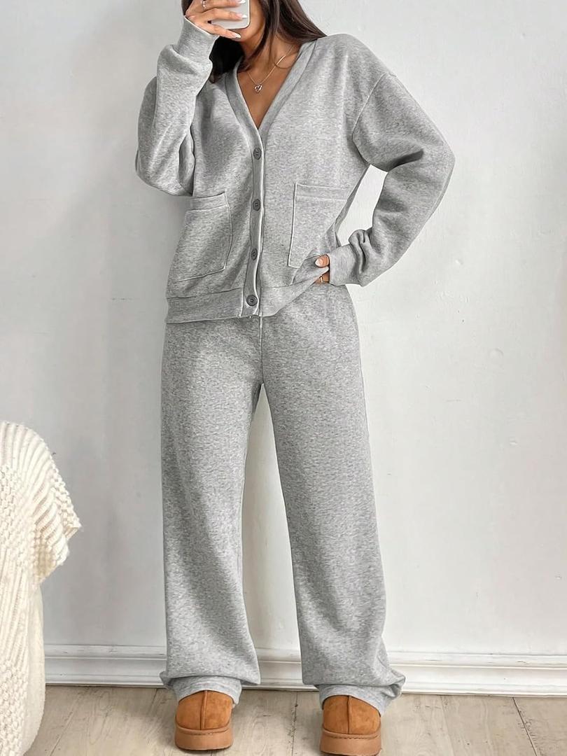 Lounge Sets for Women 2 Piece Outfits V Neck Button Sweatshirt Wide Leg Pants Matching Set Sweatsuits (Small, Grey)