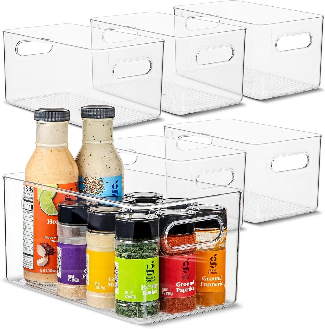 Plastic Food Storage 6 Pack Clear Container Bin with Handles for Organizing Kitchen, Pantry, Fridge, Freezer, Pantry,Bathroom. 10"x6"x5"