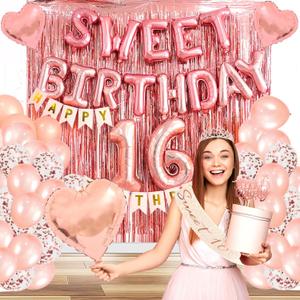 Sweet 16 Party Decorations, 16th Birthday Decorations for Girls Rose Gold Foil Balloons Party Supplies, Tiara Tassel Curtains Sash Balloons Numbers Banner Cake Topper for 16 Birthday Party, Rose Gol