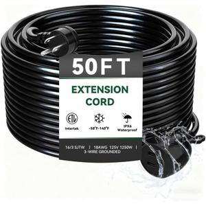 Blackcow Outdoor Power Extension Cord,50 Ft,IPX6 Waterproof, Cold Weather & Fireproof, Heavy Duty 3 Prong Cable,18AWG 125V 10A,FCC/ETL Certified for Outdoor/Indoor Use
