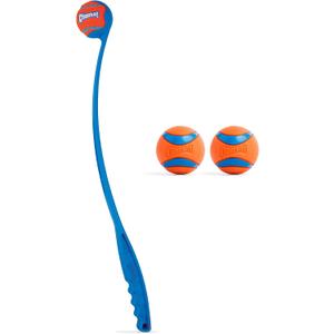 Chuckit! Ultra Dog Ball & Launcher Bundle Classic 26M 26" Length with 2 Pack Medium (2.5") Bouncy Fetch Balls for Dogs 20-60 lbs, Dog Fetch Ball Thrower