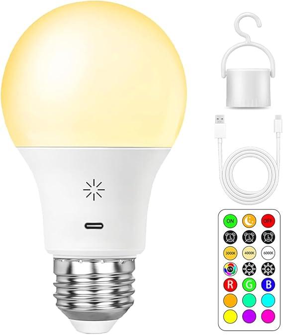 LED Rechargeable Light Bulbs with Remote & Touch Dimmable, E26 Battery Operated Light Bulb for Lamps, RGB 12 Colors, 2600mAh USB Battery Backup Light Bulb with Timer, A19 Small Light Bulbs 1 Pack LED Rechargeable Light Bulbs with Remote & Touch Dimmable, E26 Battery Operated Light Bulb for Lamps, RGB 12 Colors, 2600mAh USB Battery Backup Light Bulb with Timer, A19 Small Light Bulbs 1 Pack