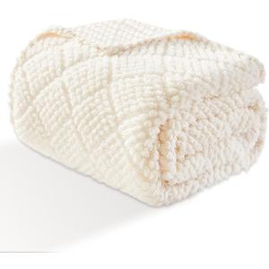 EMME Fleece Blanket, 3D Jacquard Throw Blanket for Couch and Bed, Soft Cozy and Fluffy Blankets Lightweight Luxury Flannel with Waffle Design (Ivory, 50" x 60")