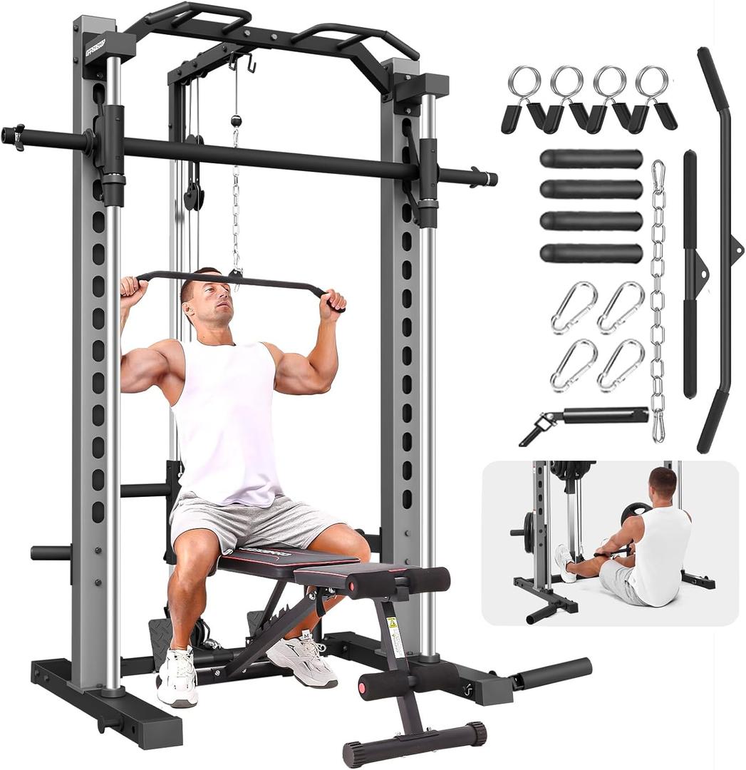 OPPSDECOR All-in-One Adjustable Smith Machine with LAT-Pull Down System Multi-Function Power Cage for Home Gym Cable Crossover Squat Rack of Workout Machine Training Equipment with Attachments (Grey)