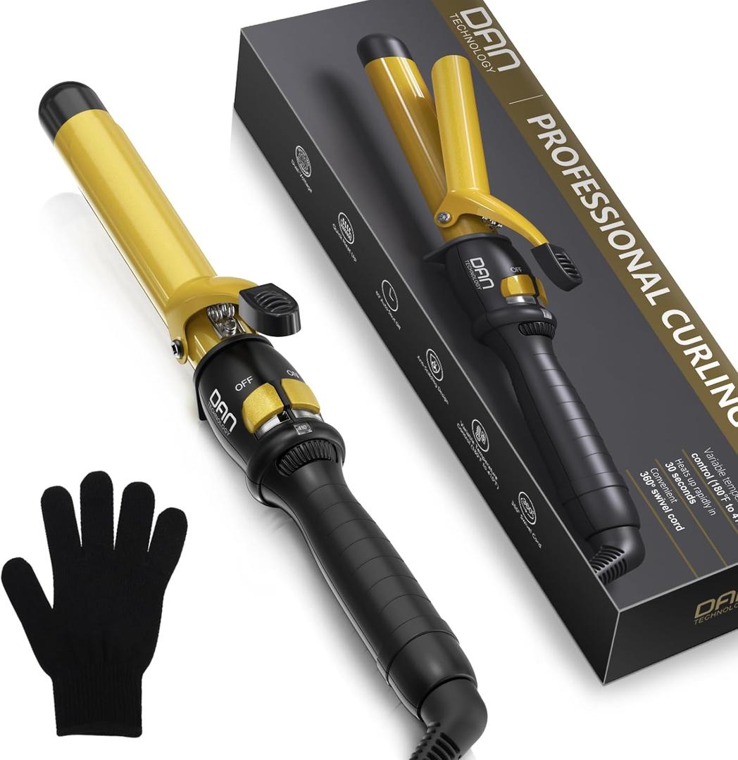 DAN Technology 1 Inch Curling Iron Wand for Soft Natural Waves, Tourmaline Ceramic Hair Curler with 180F430F Adjustable Temperature, Fast Heating, Dual Voltage, Auto Shut-Off, Black & Gold