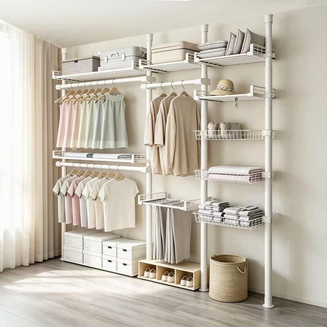 Adjustable Storage Rack, No Drilling Floor Standing Closet Organizer, White
