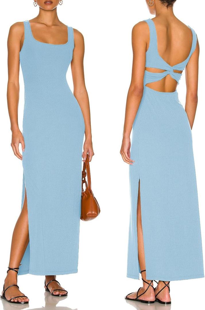 Women Backless Bodycon Maxi Dress High Side Slit Twist Back Tank Dress | Criss Cross Twist Back Clubwear Scoop Neck Evening Party Dress Casual Vacation Beach Sundress Sleeveless Slit Prom Gown (Blue, L)